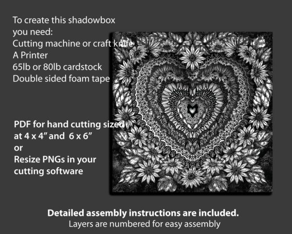 Sunflower Heart Print and Cut Shadowbox Template Info