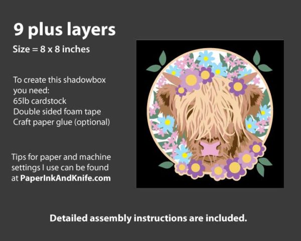 Highland Cow 3D paper shadowbox Template - Info
