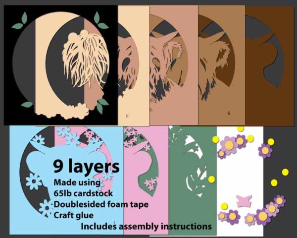 Highland Cow 3D paper shadowbox Template - layers